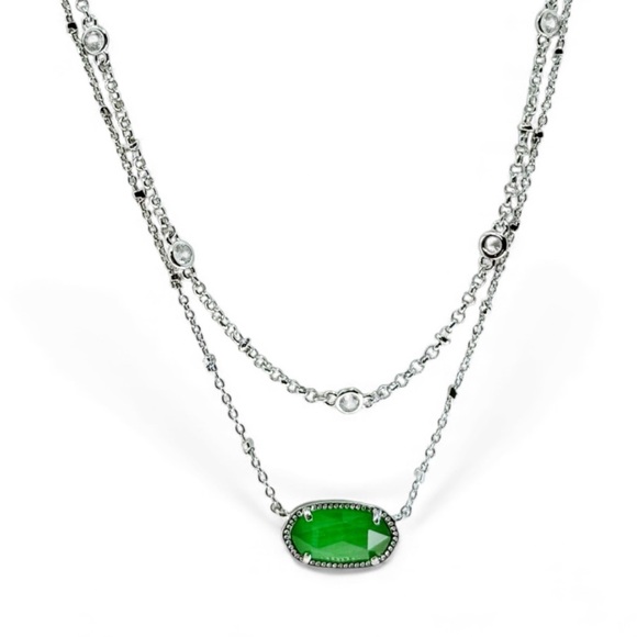 Kendra Scott Elisa Silver Multi Strand Necklace in  Cat's Eye emerald Green. - Picture 1 of 6